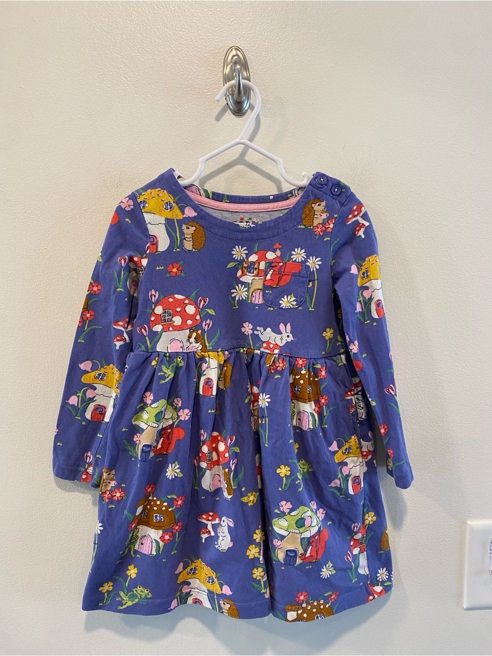 Mini Boden Long Sleeve Jersey Dress Starboard Toadstool Village print size 3-4